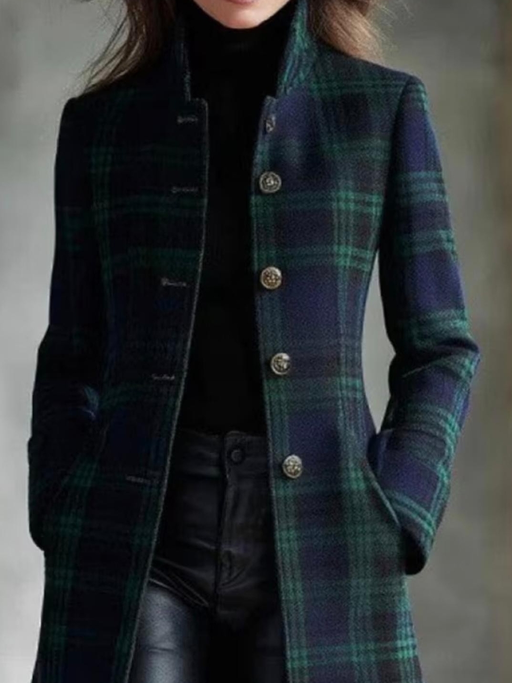 Women’s Blackwatch Plaid Long Trench Coat - Green & Navy